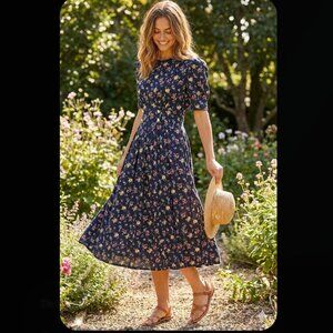 True‎ Vintage Floral Midi Dress Button Front Y2K Cottagecore Sz 8 M Puff Sleeve